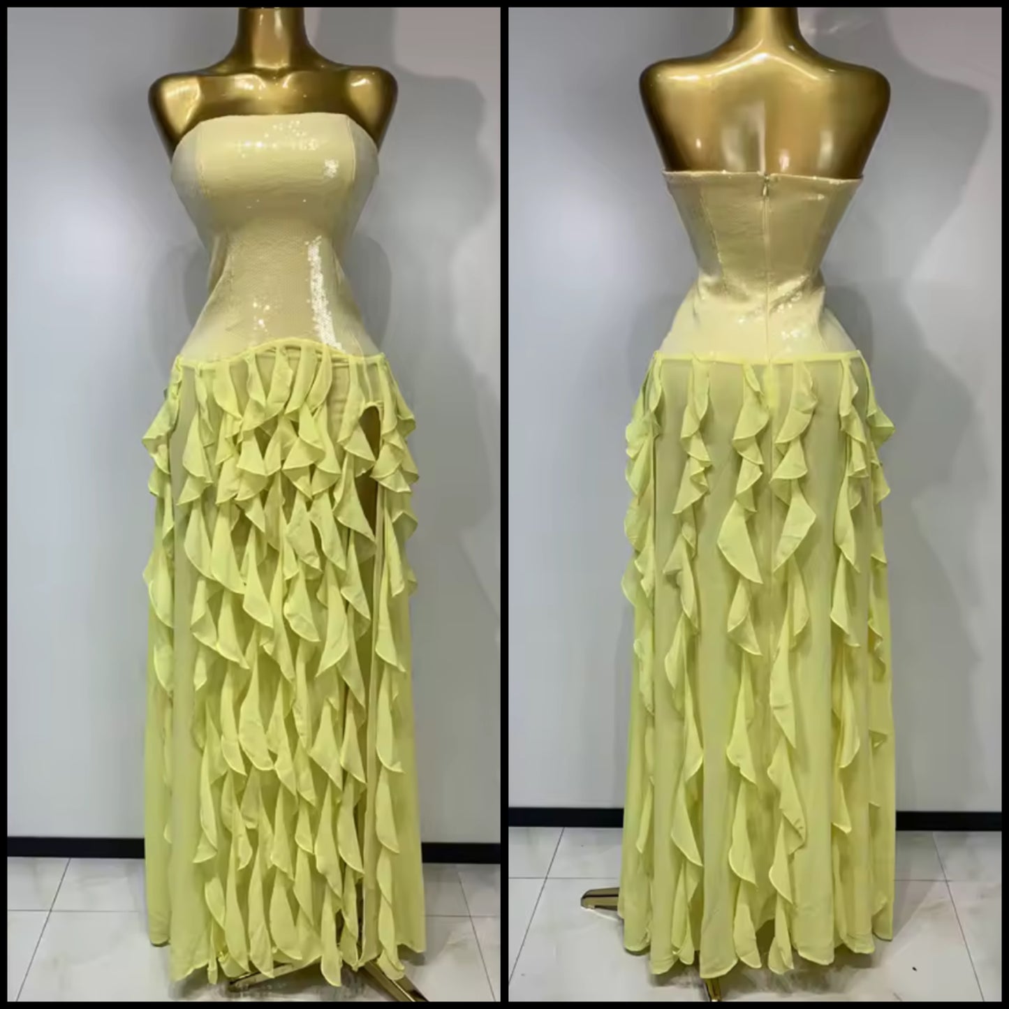 Sexy Strapless Yellow Sequins Ruffle Floor-Length Dress