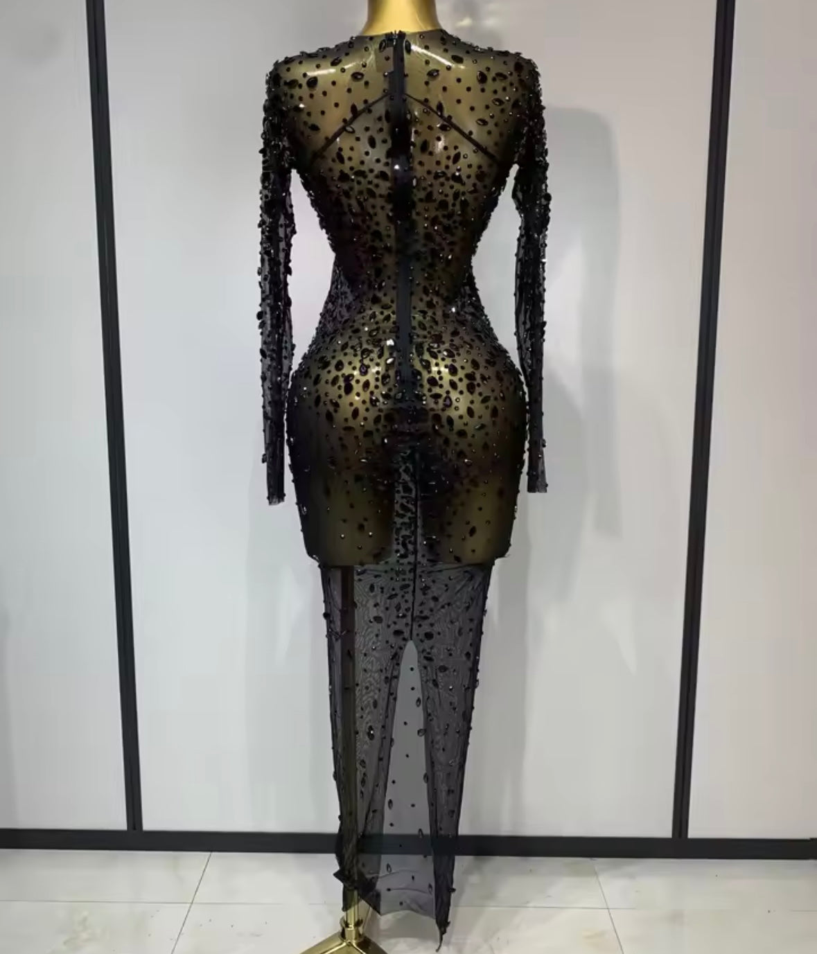Sexy See Through Rhinestone Full Sleeve Long Dress