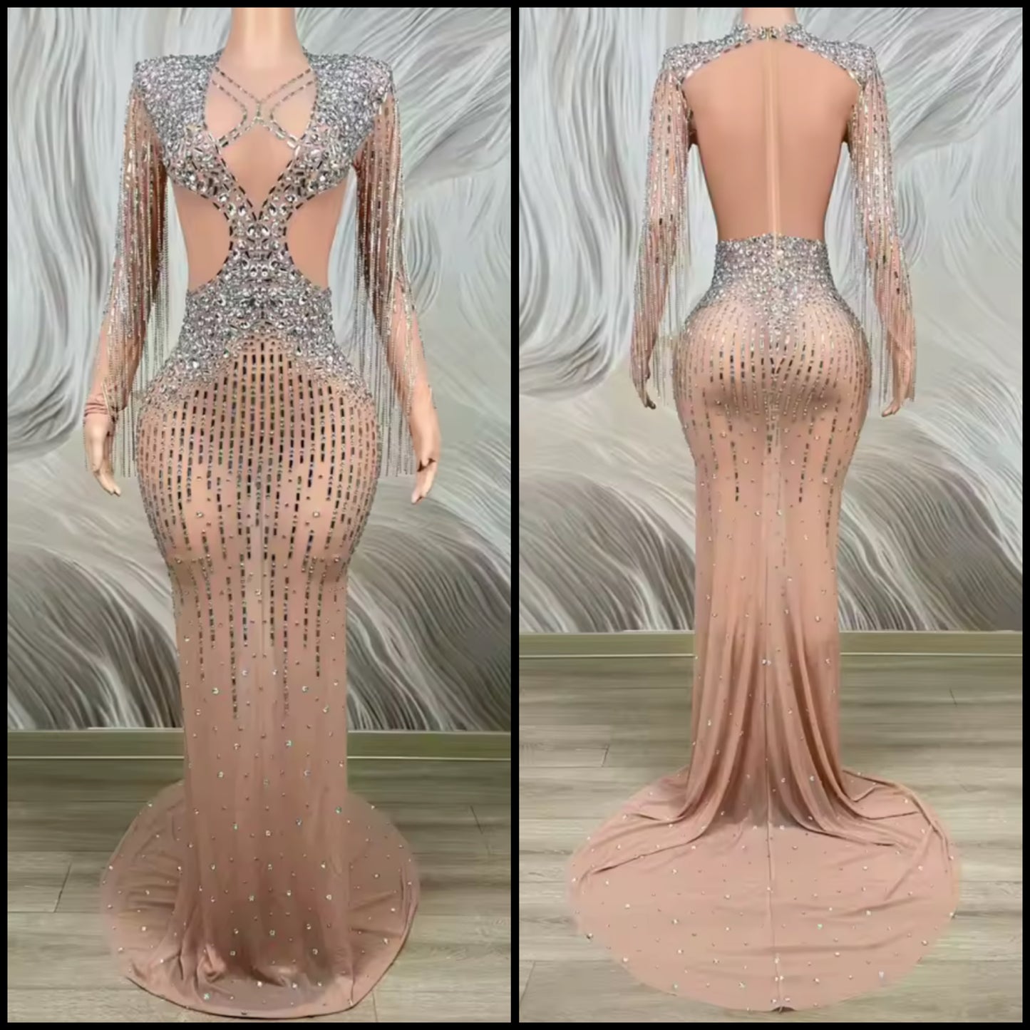 Sexy Rhinestone Tassel Full Sleeve Mermaid Dress