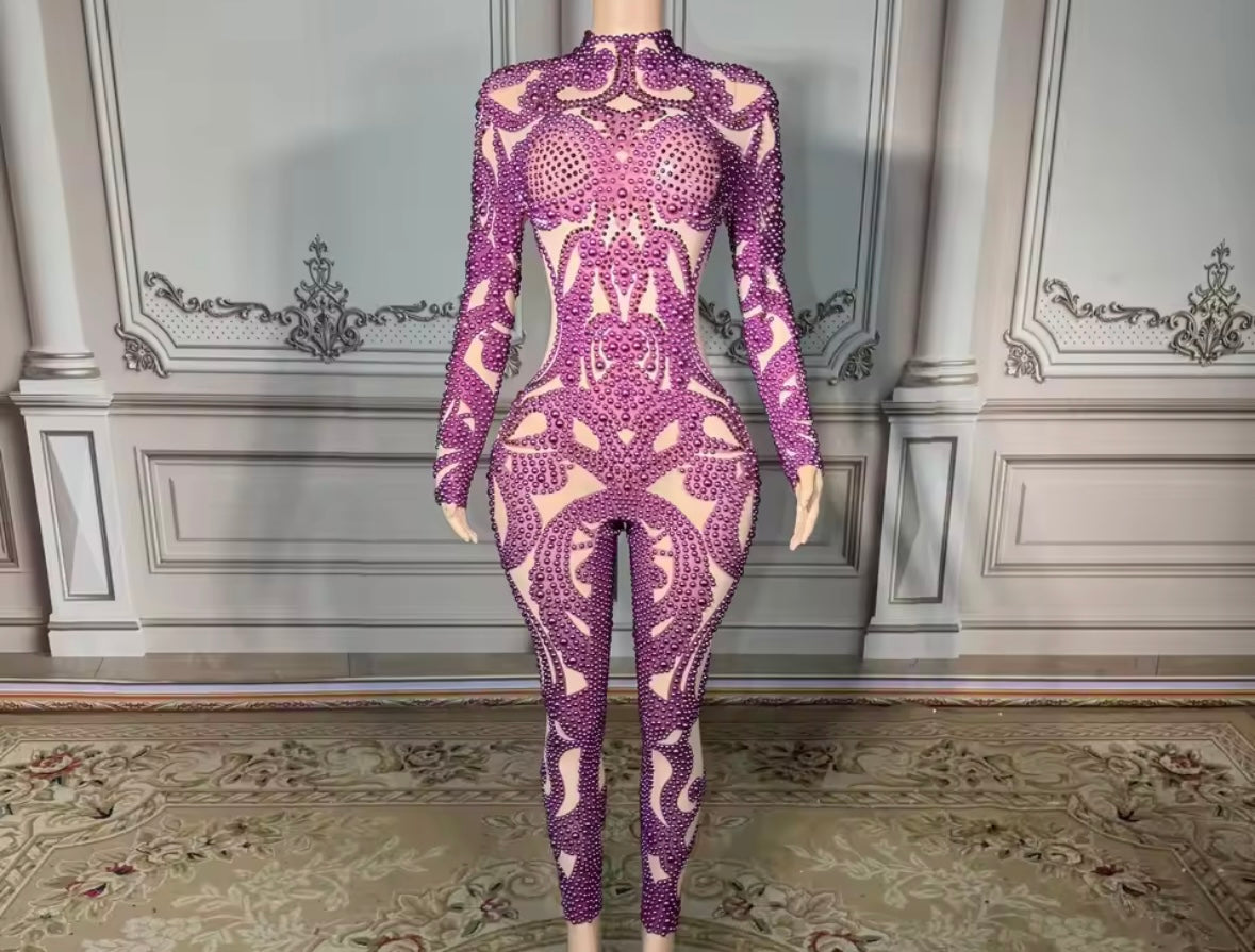 Sexy Beaded Rhinestone Full Sleeve Jumpsuit