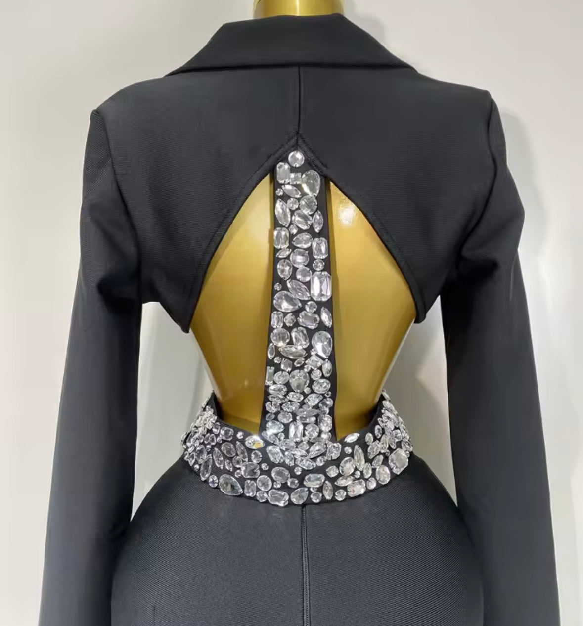 Sexy Crystal Beaded Embellished Band Blazer Two Piece Pant Set