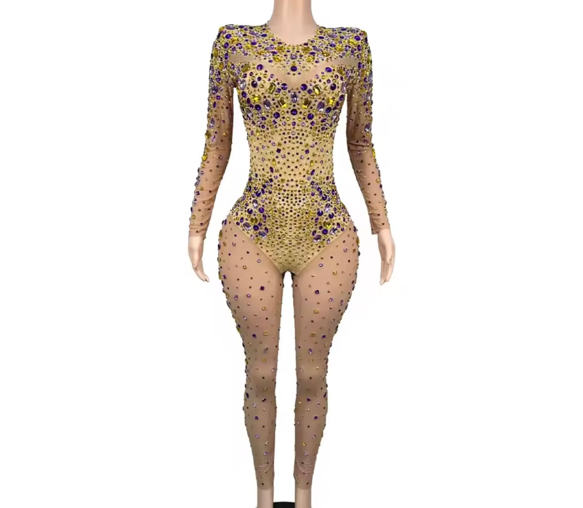 Sexy Color Rhinestone Full Sleeve See Through Jumpsuit