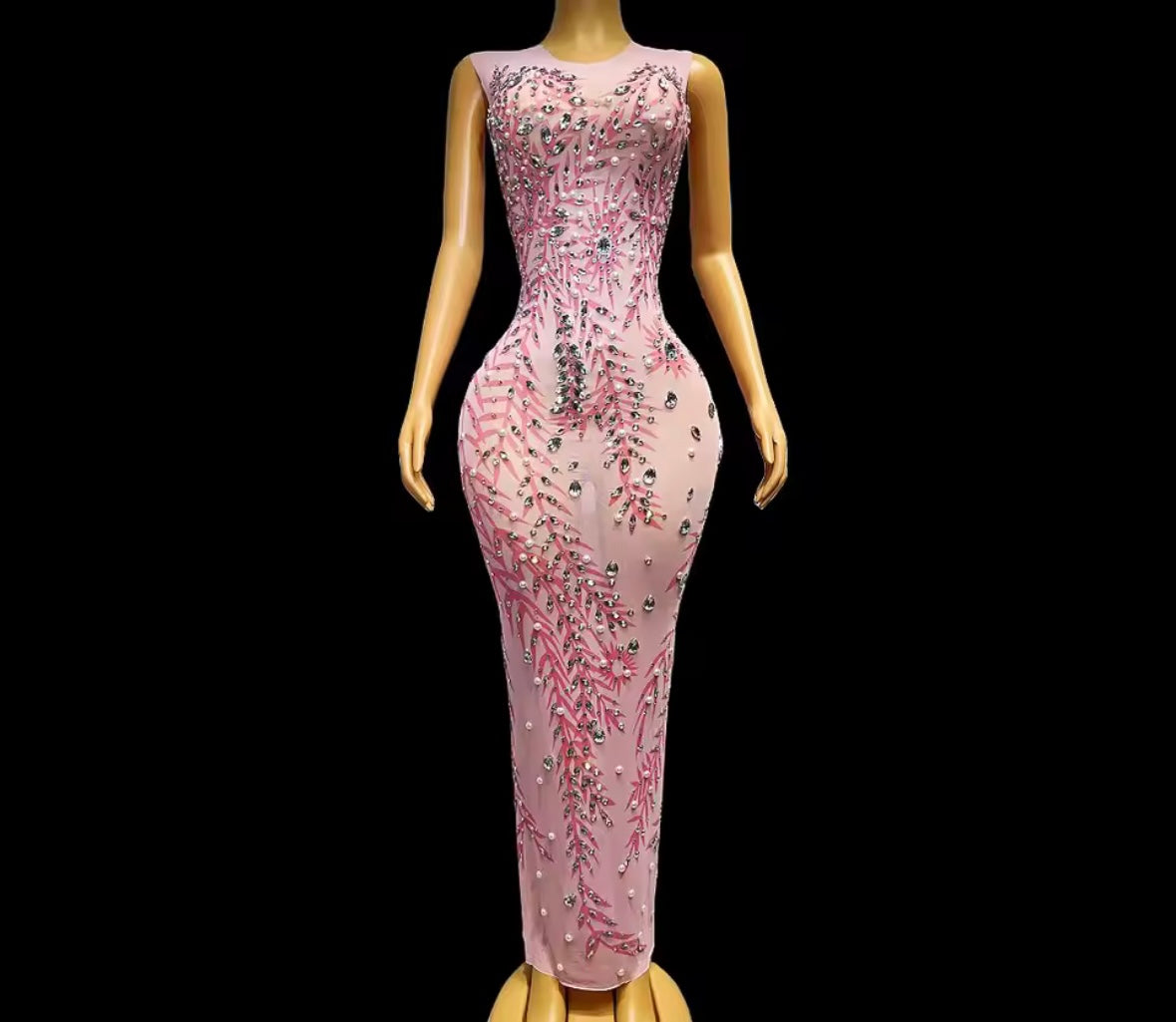 Pink Sexy Sleeveless Pearl Rhinestone Maxi Dress
