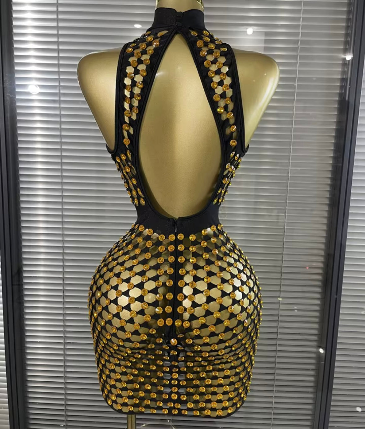Sexy Sleeveless Rhinestone Open Back See Through Dress