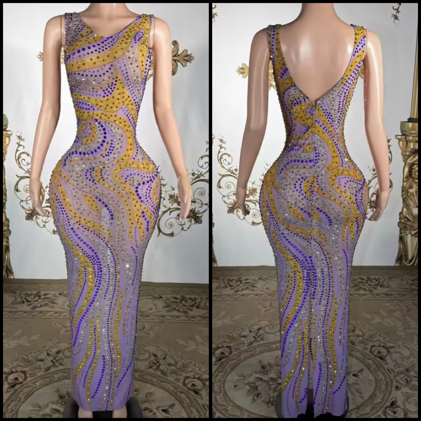 Sexy Sleeveless Colorful Rhinestone Maxi Dress