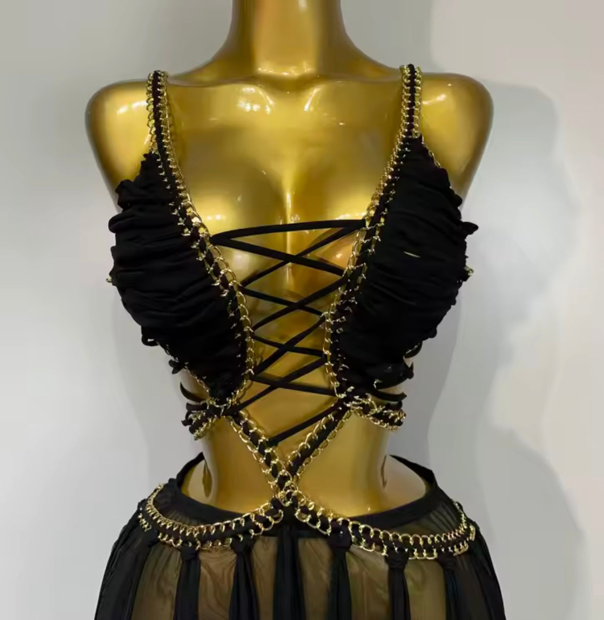 Sexy Sleeveless Chain Lace Up See Through Maxi Dress