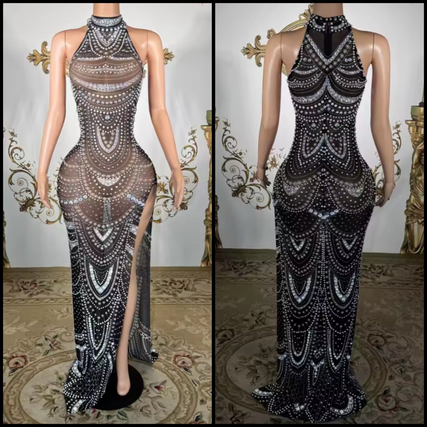 Sexy Black Sleeveless Rhinestone See Through Maxi Dress