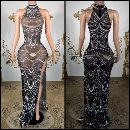 Sexy Black Sleeveless Rhinestone See Through Maxi Dress