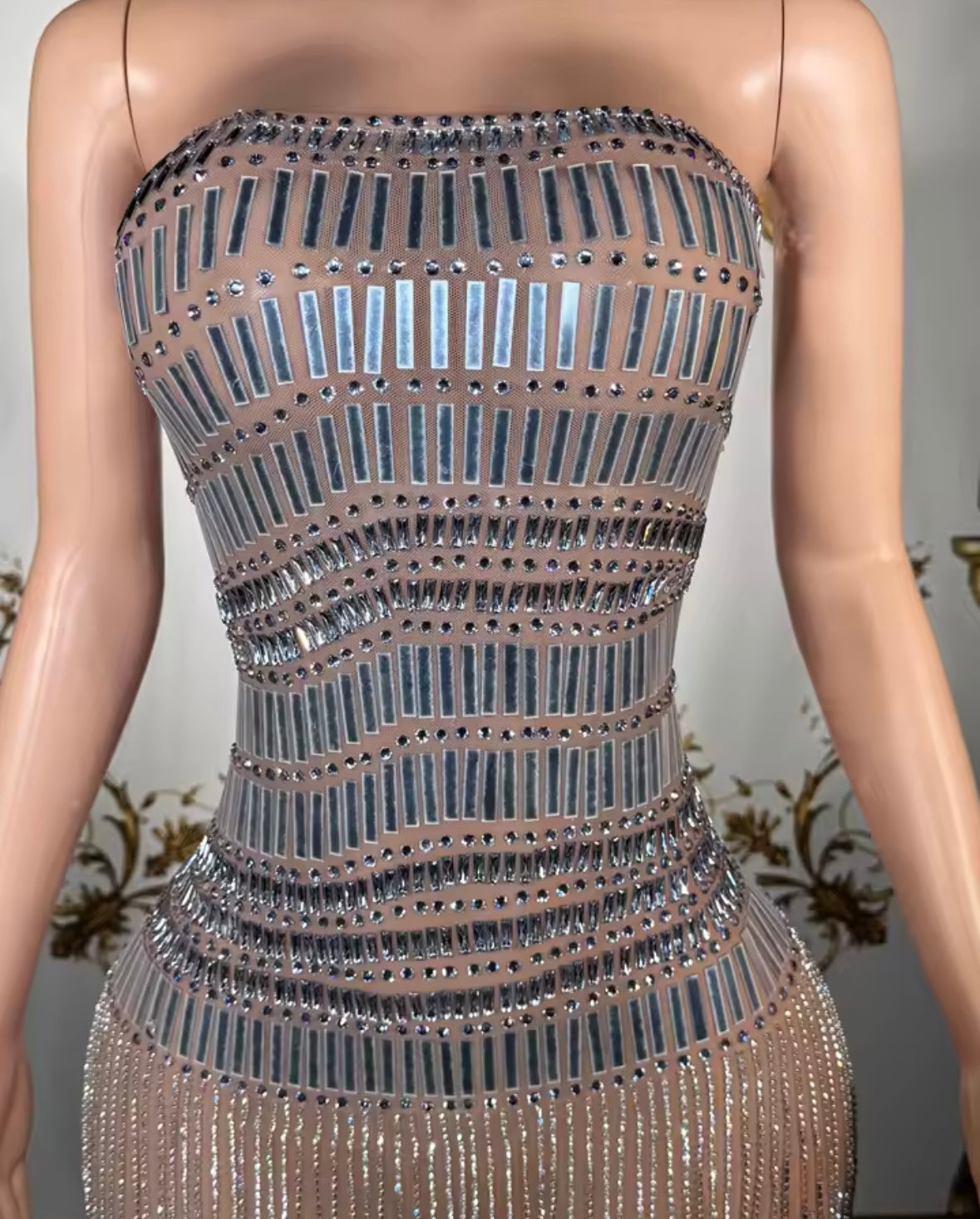 Sexy Strapless Mirror Rhinestone Tassel Maxi Dress