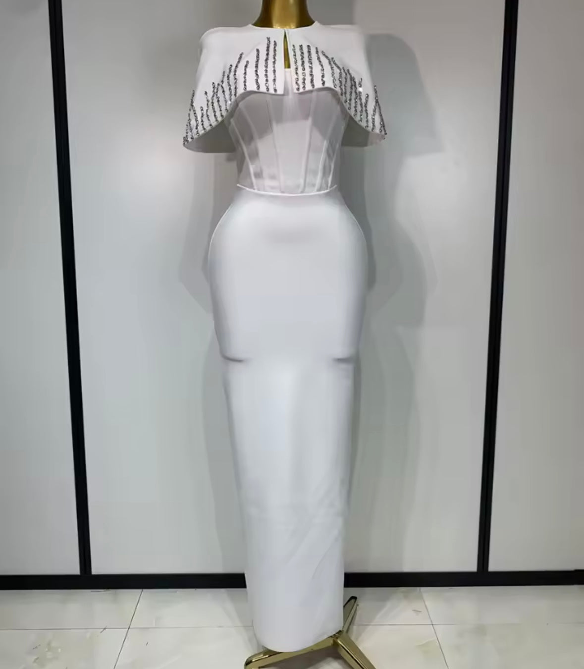 Elegant Strapless Rhinestone Shawl Two Piece Maxi Dress