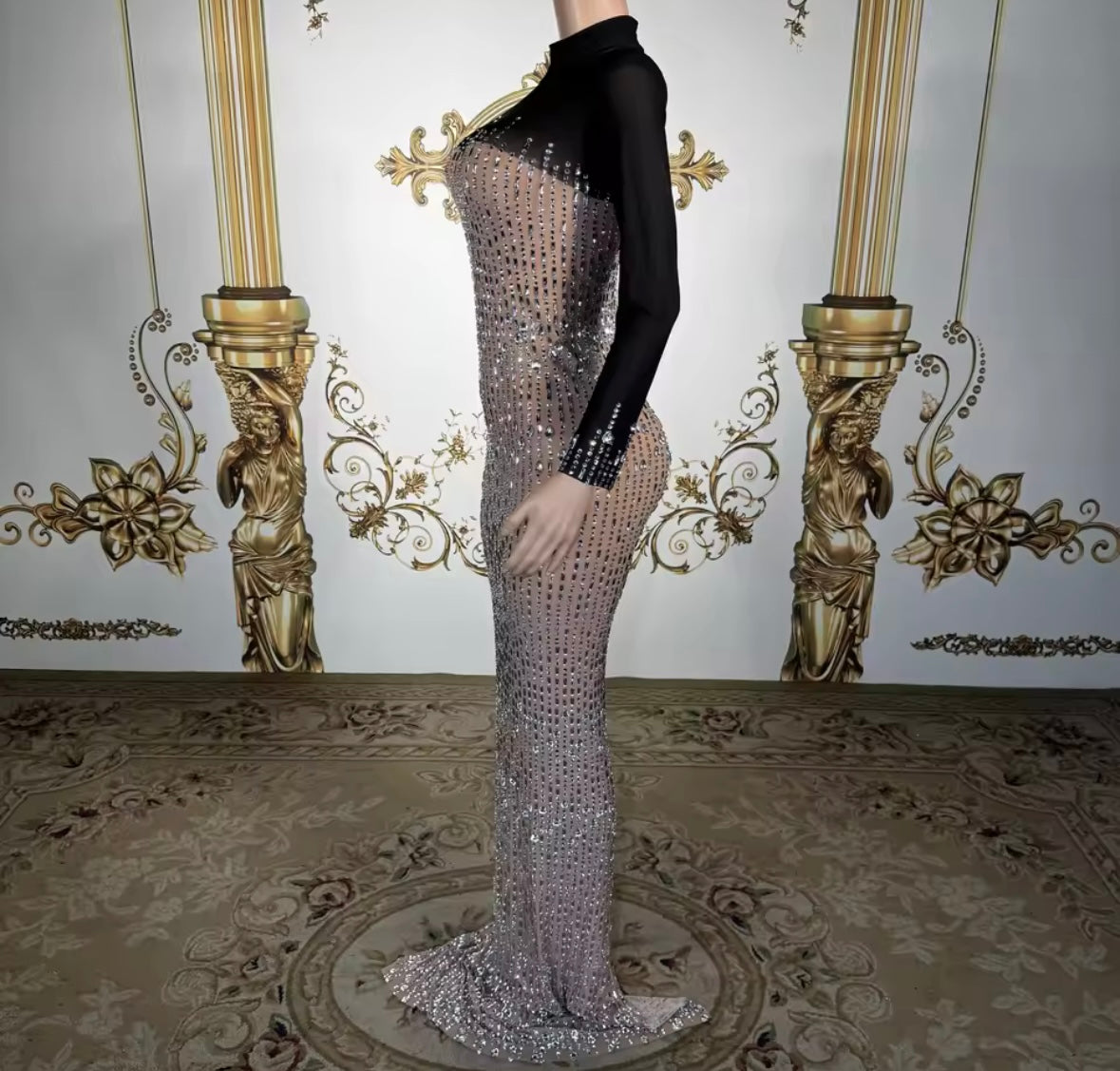 Sexy Rhinestone Embellishment Full Sleeve Maxi Dress