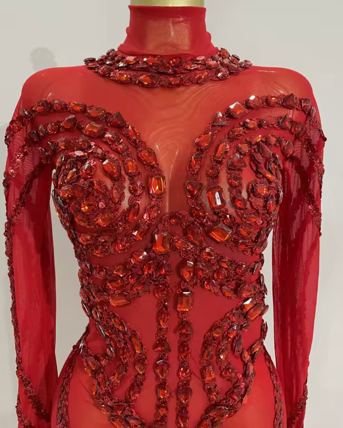 Sexy Beaded Crystal Full Sleeve See Through Jumpsuit