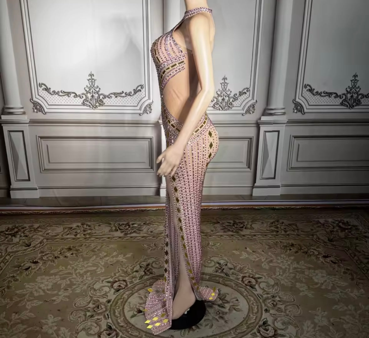 Sexy Pink Rhinestone Mirror Sleeveless Side Split Maxi Dress