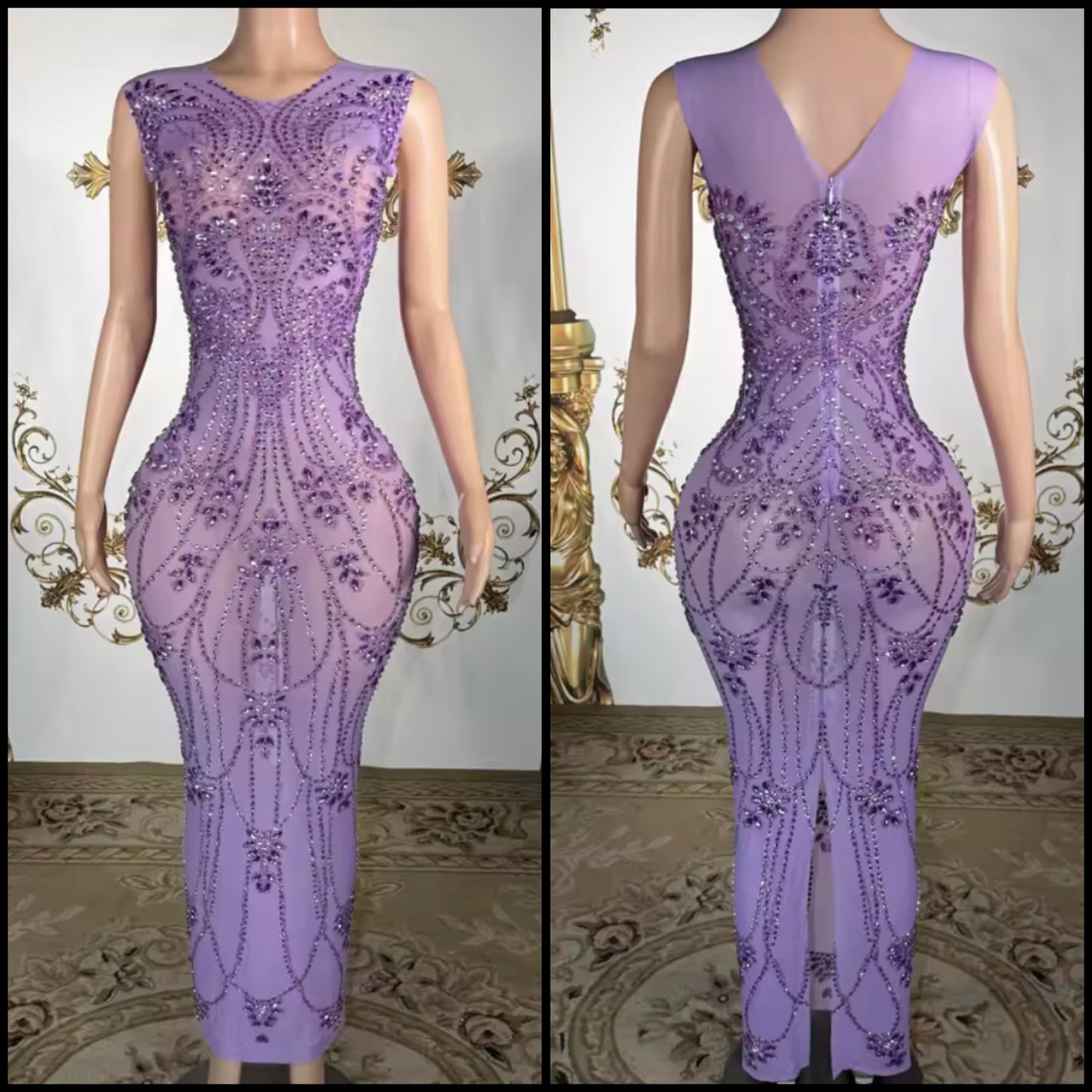 Purple Sleeveless Rhinestone Embellishment Sexy Maxi Dress