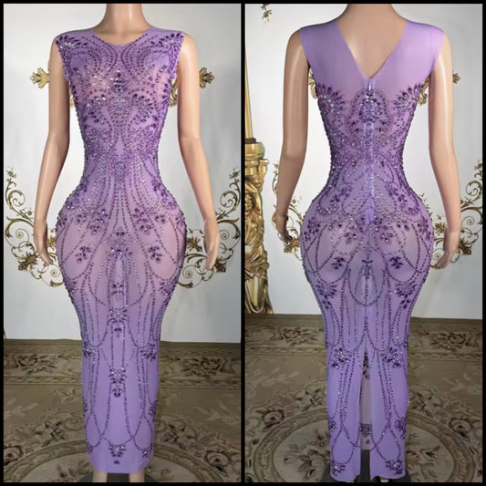 Purple Sleeveless Rhinestone Embellishment Sexy Maxi Dress