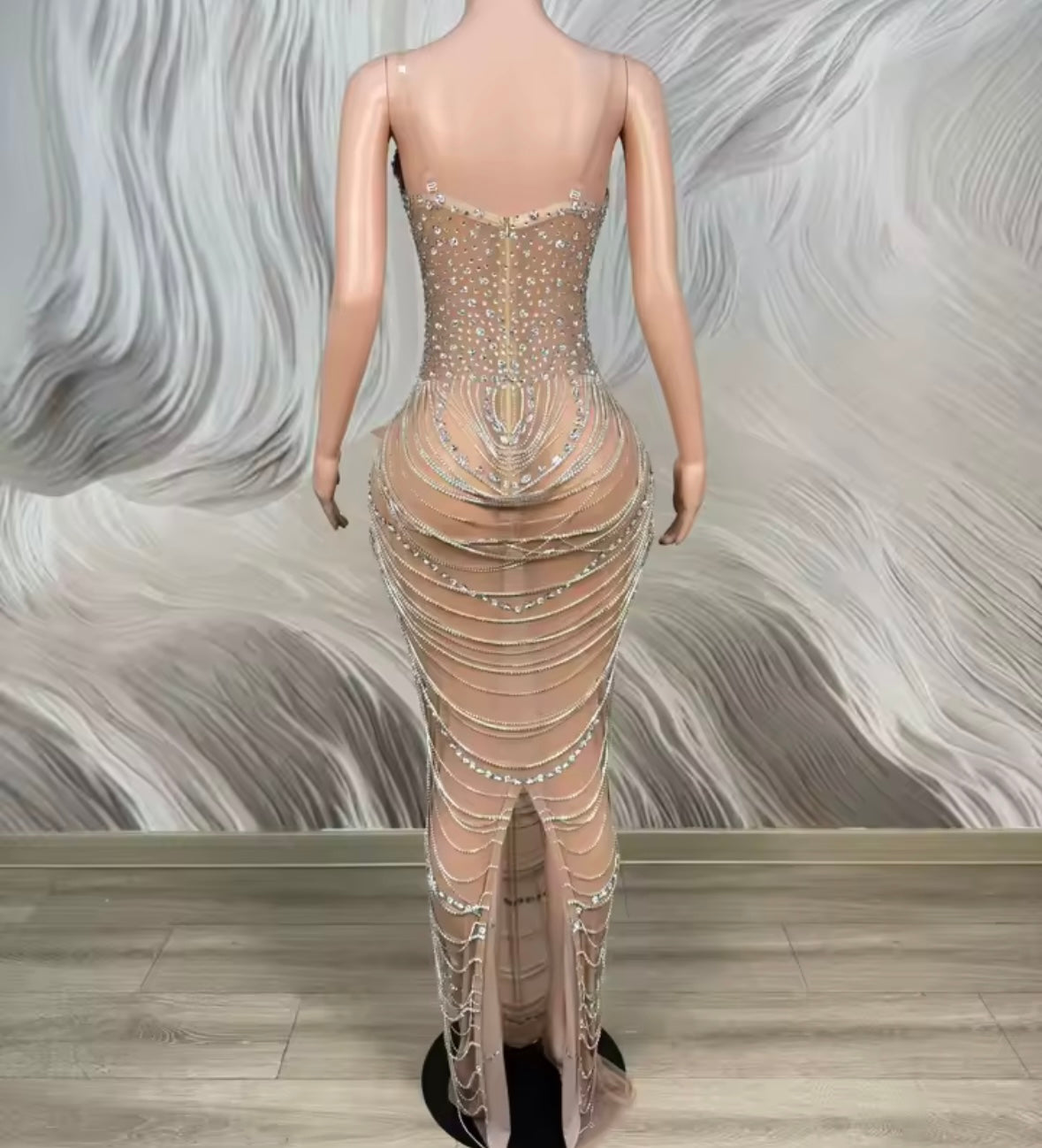 Sexy Rhinestone Strapless Chain Tassel Maxi Dress