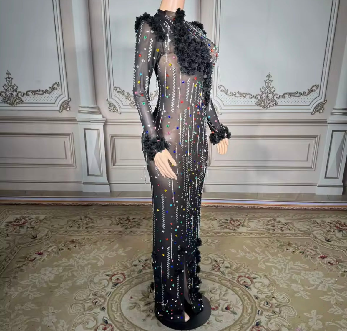 Sexy Black Colorful Rhinestone Full Sleeve Maxi Dress
