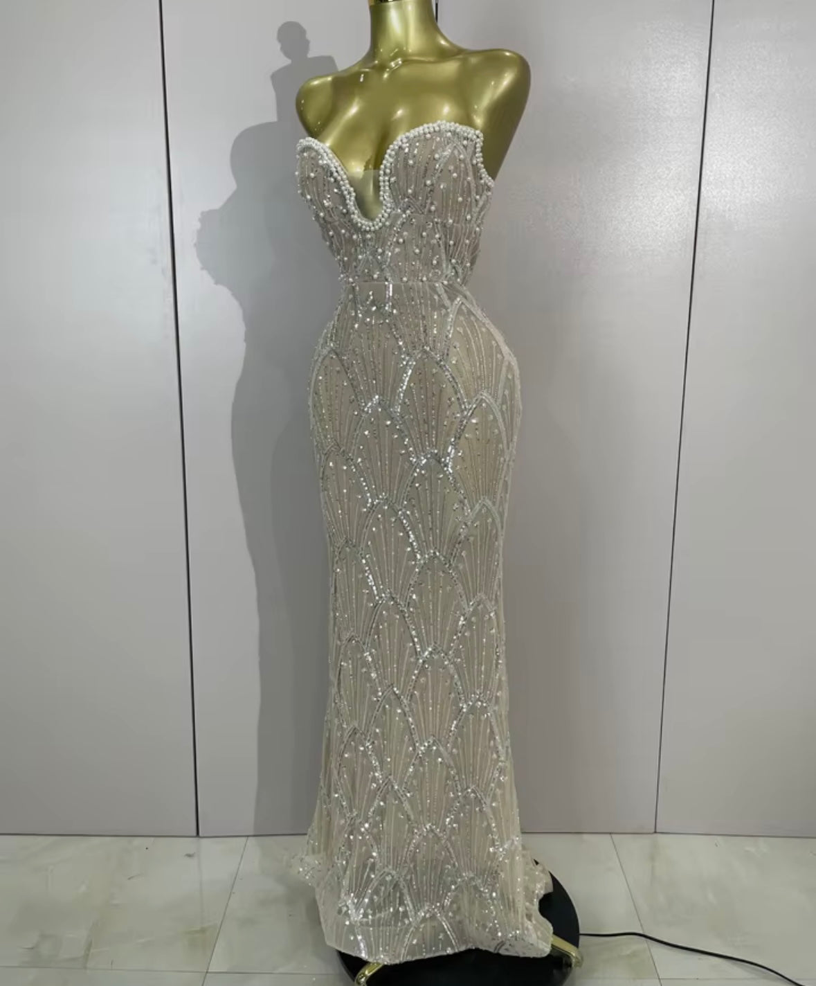 Pearl Beaded Sequins Strapless Elegant Floor-Length Dress