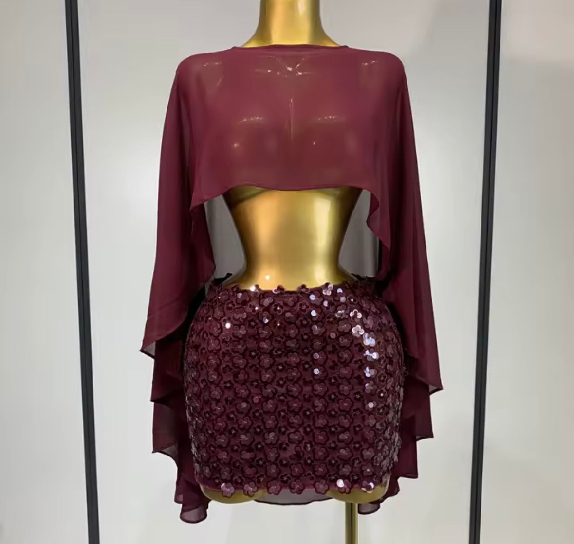 Sexy See Through Asymmetrical Top Flower Sequins Skirt Set