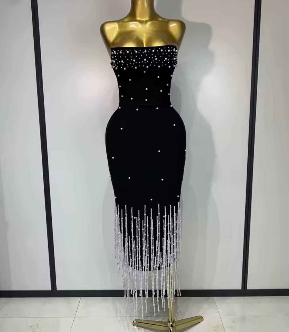 Black Strapless Elegant Pearl Rhinestone Tassel Dress