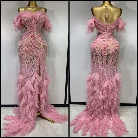 Elegant Ruffled Lace Pink Floor-Length Dress