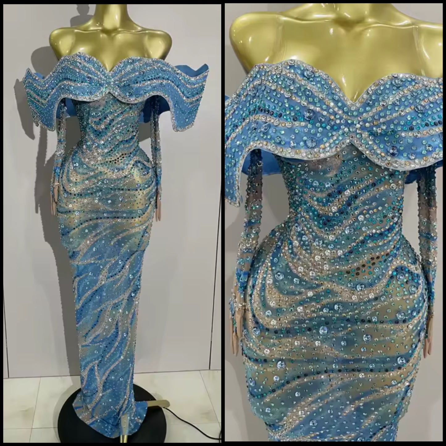 Elegant Rhinestone Embellishment Glove Floor-Length Dress