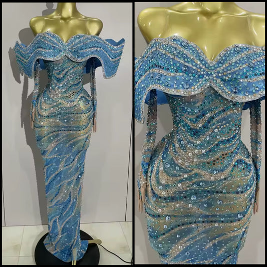 Elegant Rhinestone Embellishment Glove Floor-Length Dress
