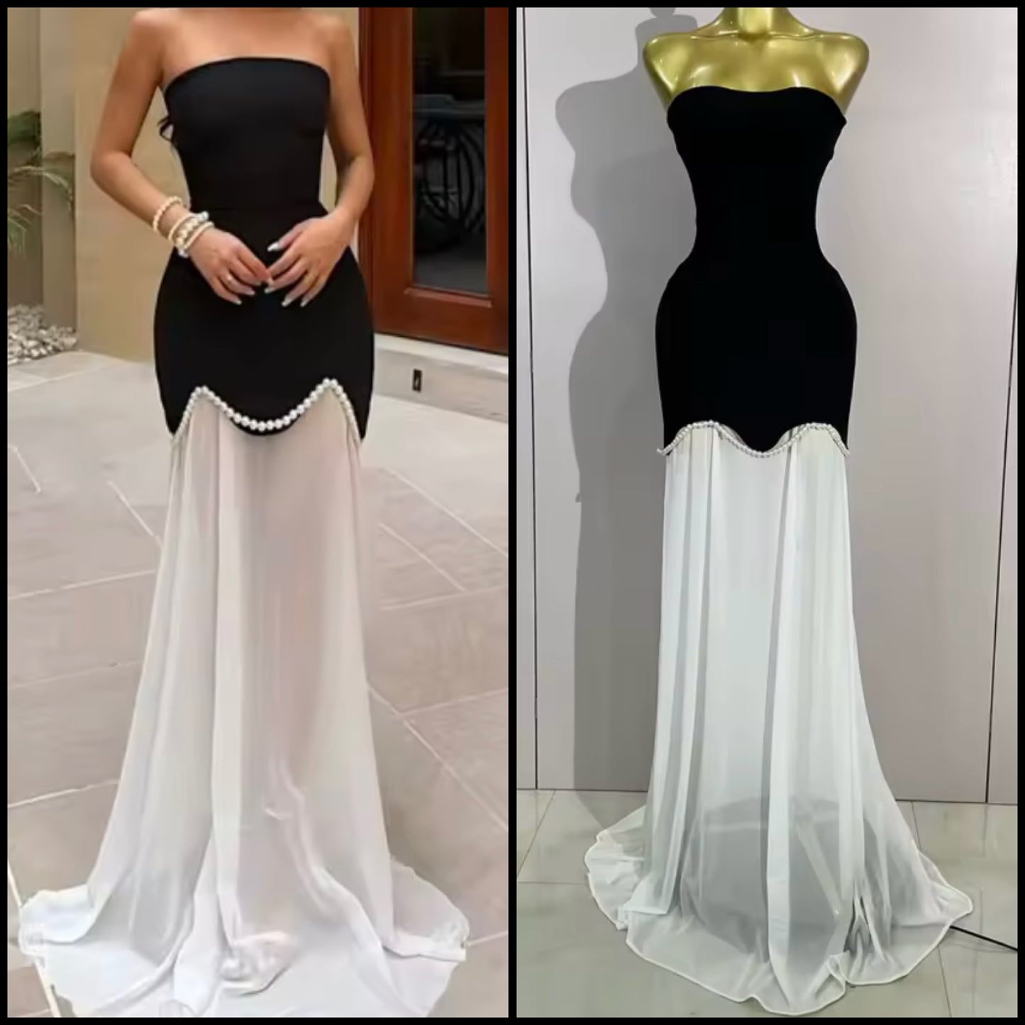 Elegant Strapless Pearl Patchwork Floor-Length Dress