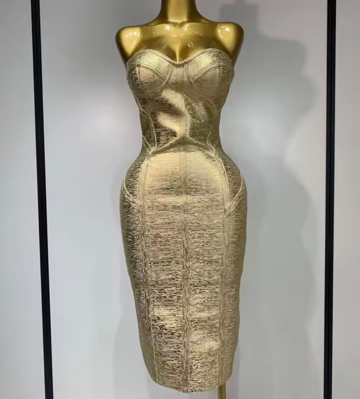 Gold Strapless Sexy Bandage Midi Dress