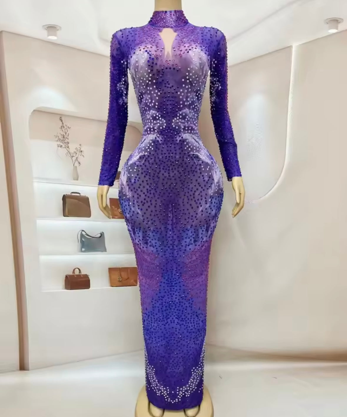Purple Elegant Rhinestone Full Sleeve Maxi Dress