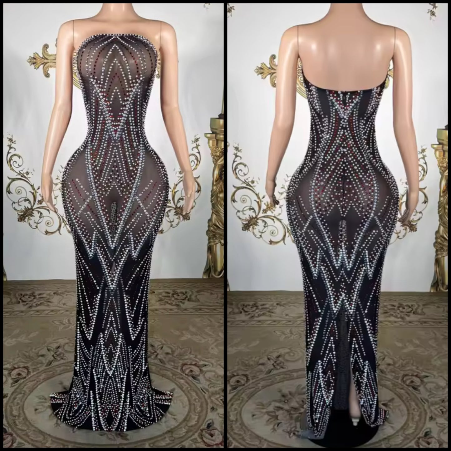 Black Sexy Strapless Rhinestone See Through Maxi Dress