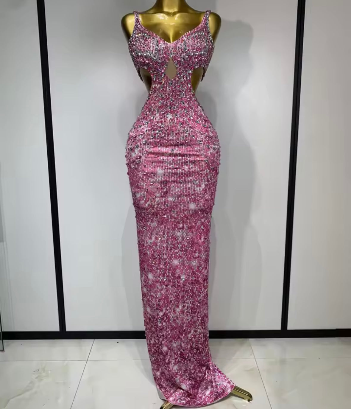 Sleeveless Pink Rhinestone Elegant Floor-Length Dress