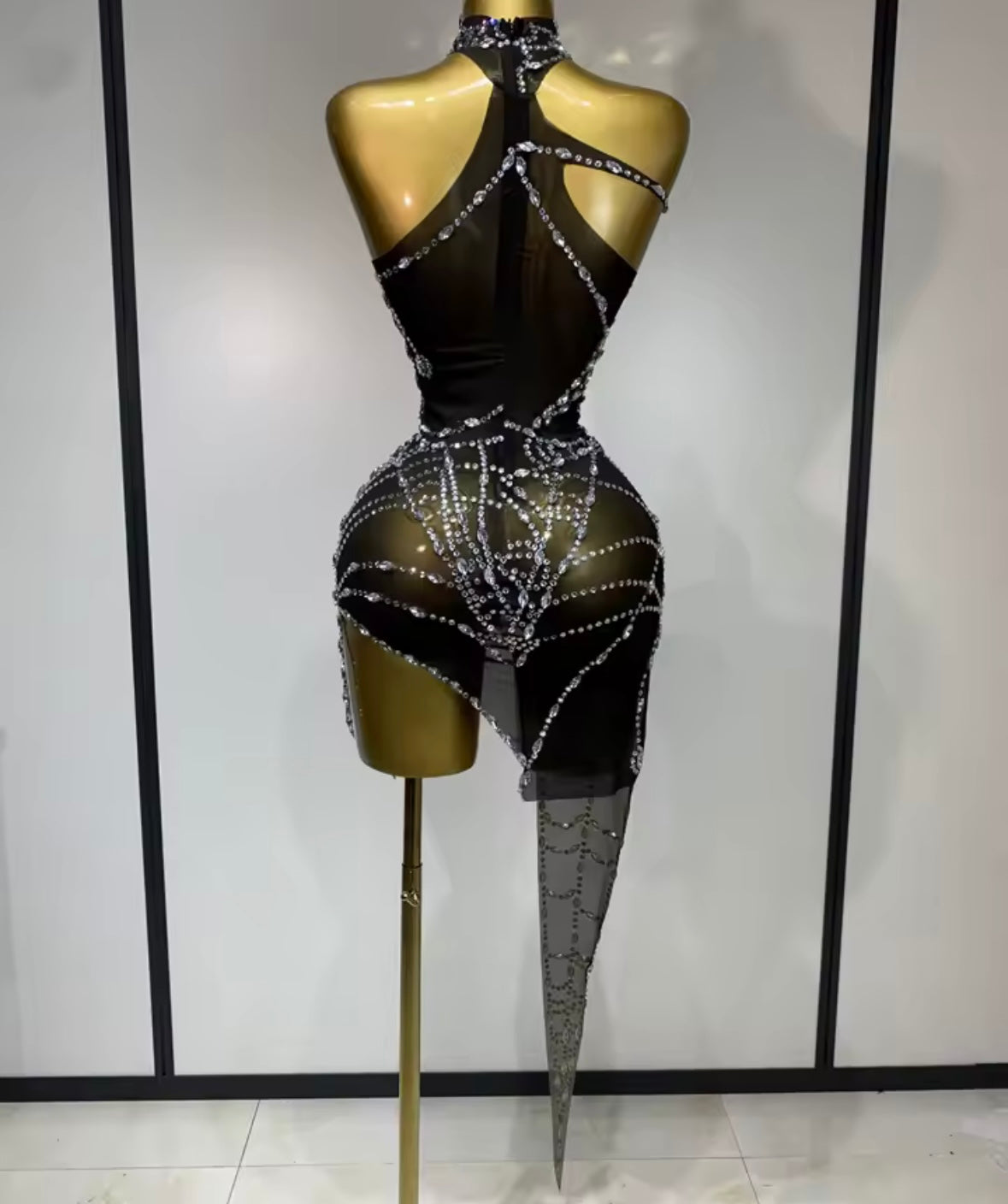 Sexy Rhinestone Mesh Sleeveless Asymmetrical Dress