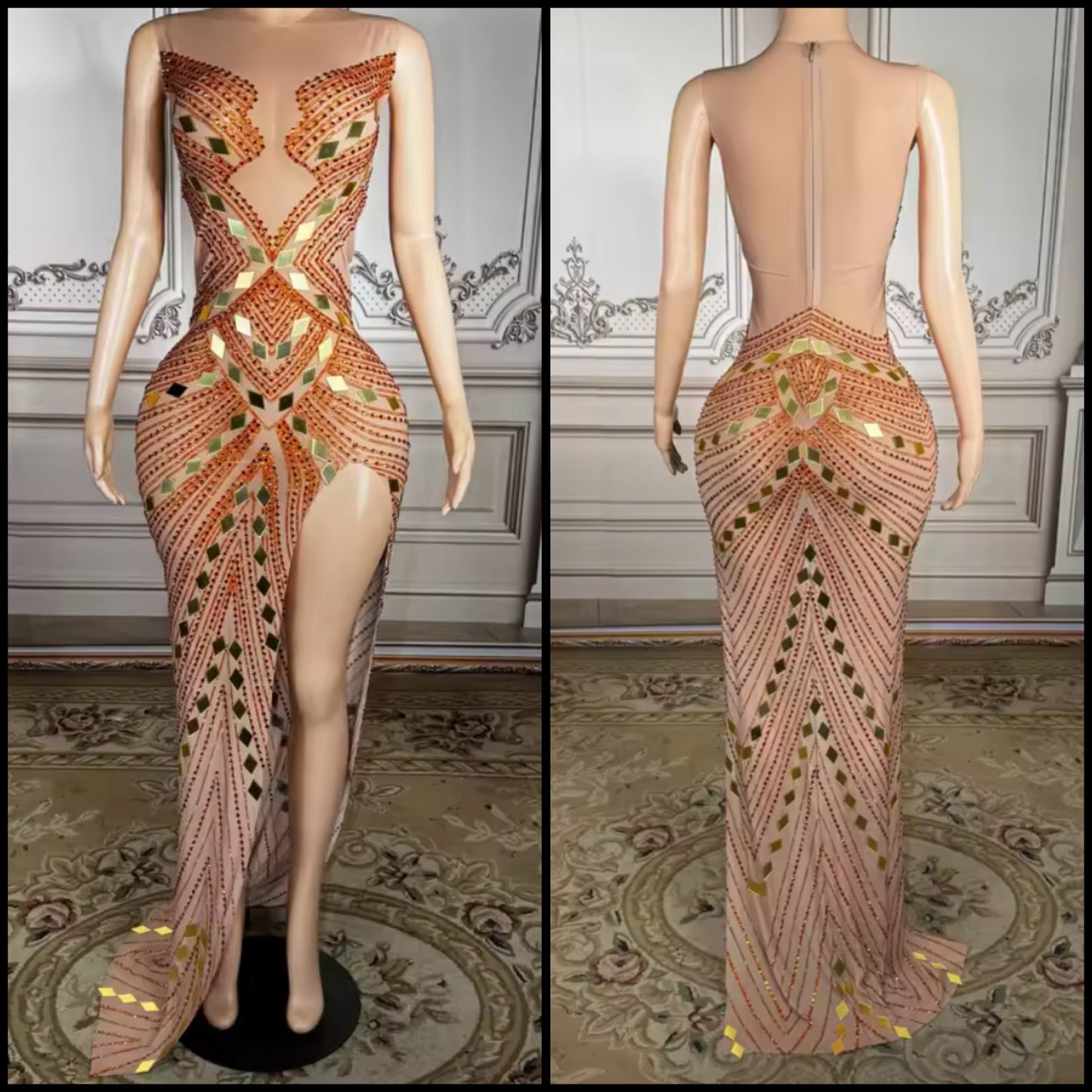 Sexy Sleeveless Rhinestone Sequins Side Split Maxi Dress
