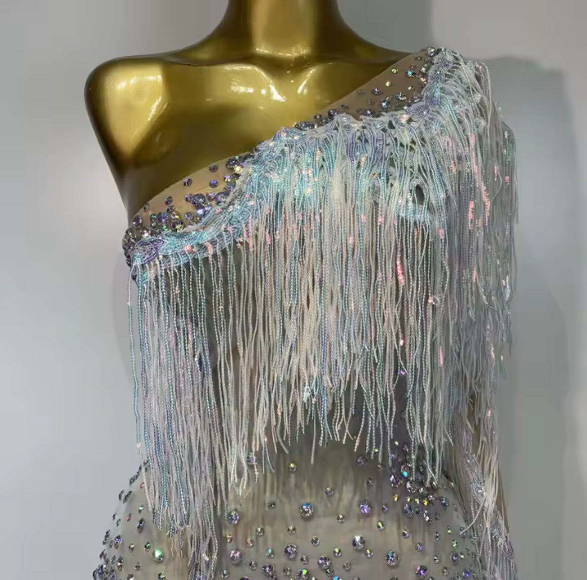 Sexy Silver One Shoulder Fringe Tassel Rhinestone Dress