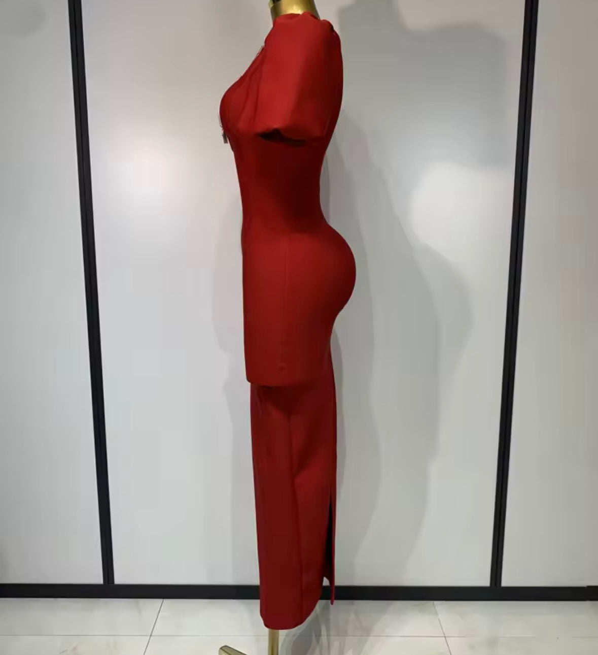 Elegant Red Rhinestone Bow Short Sleeve Maxi Dress