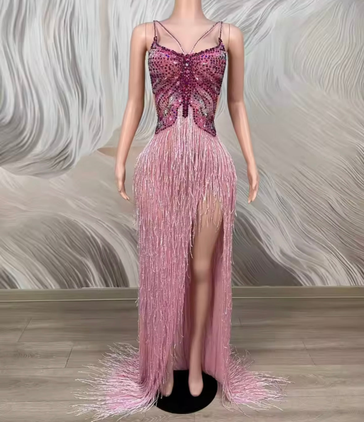 Pink Sleeveless Rhinestone Sexy Fringe Front Split Maxi Dress