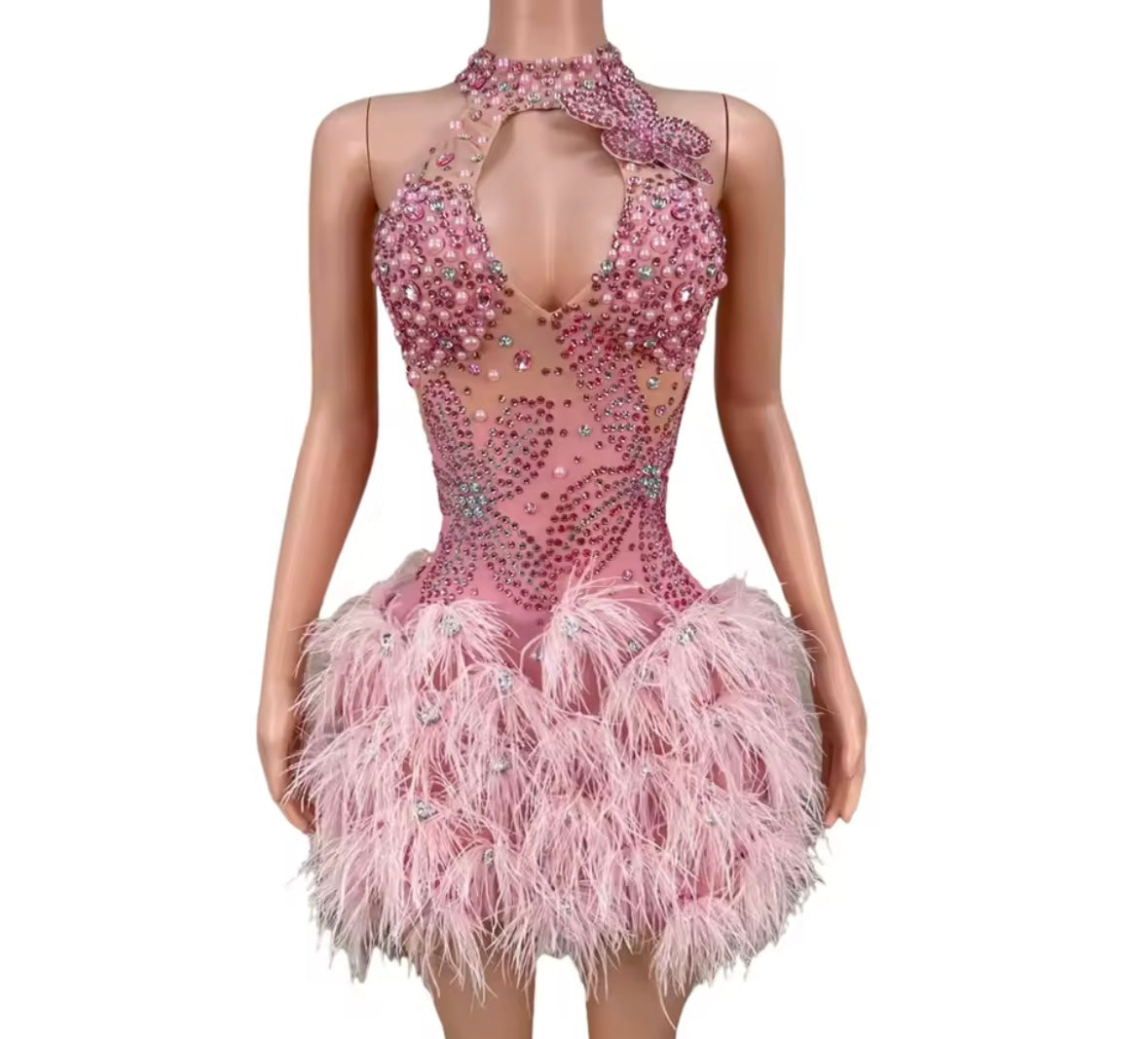 Sexy Pink Sleeveless Beaded Rhinestone Feather Dress