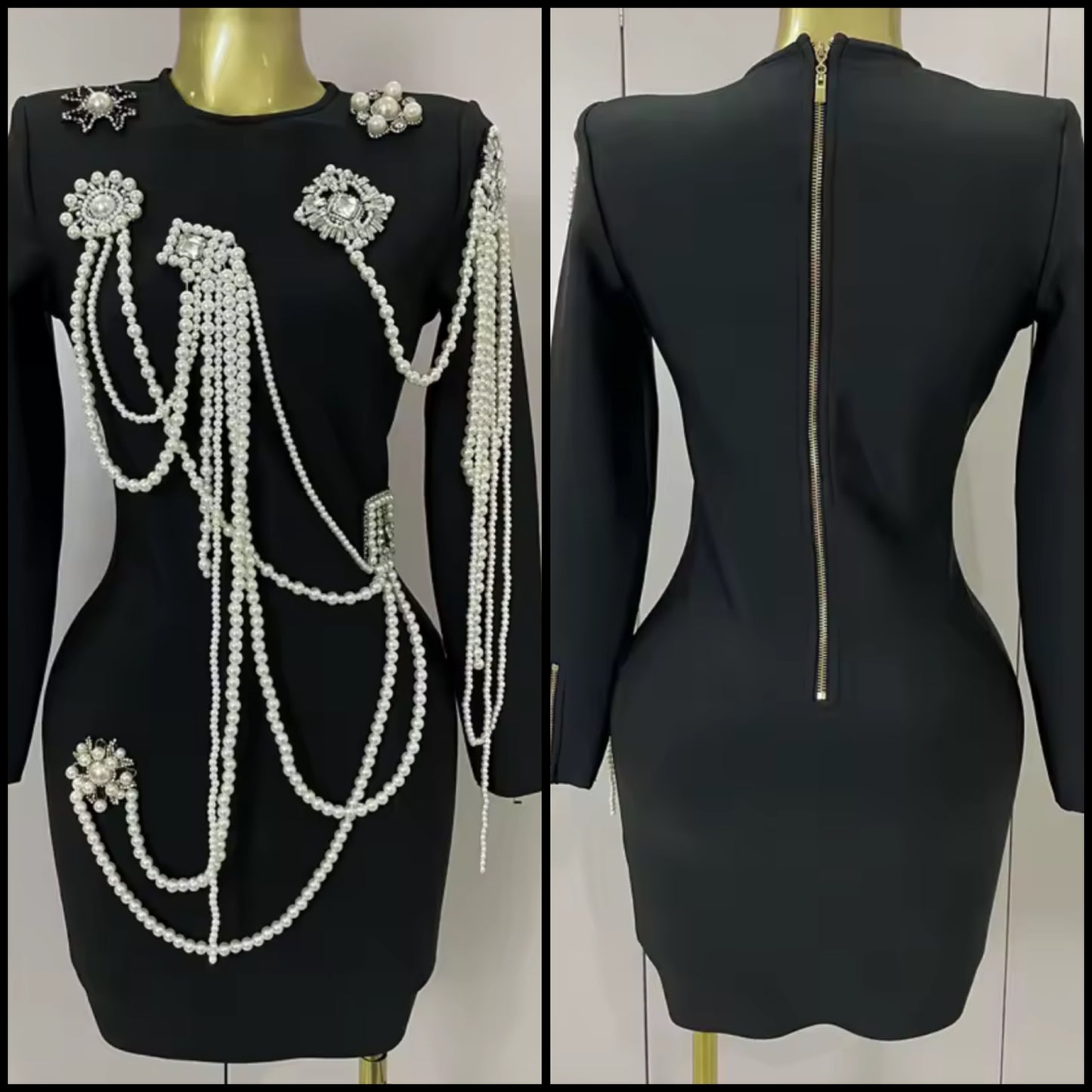 Elegant Black Pearl Rhinestone Full Sleeve Dress