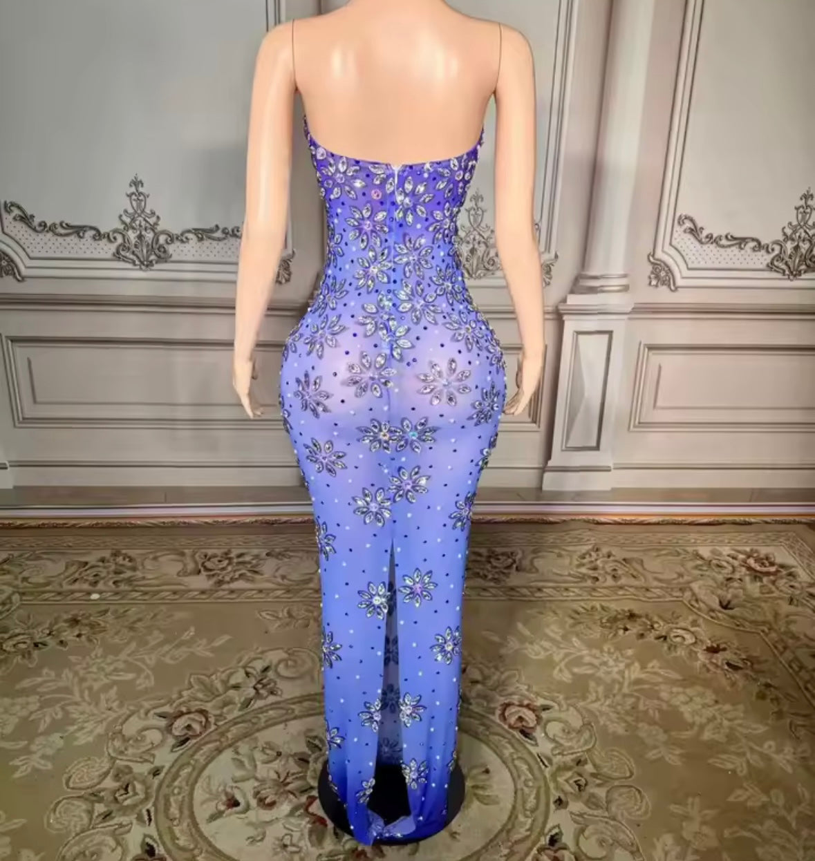 Blue Sexy Strapless Floral Rhinestone Maxi Dress