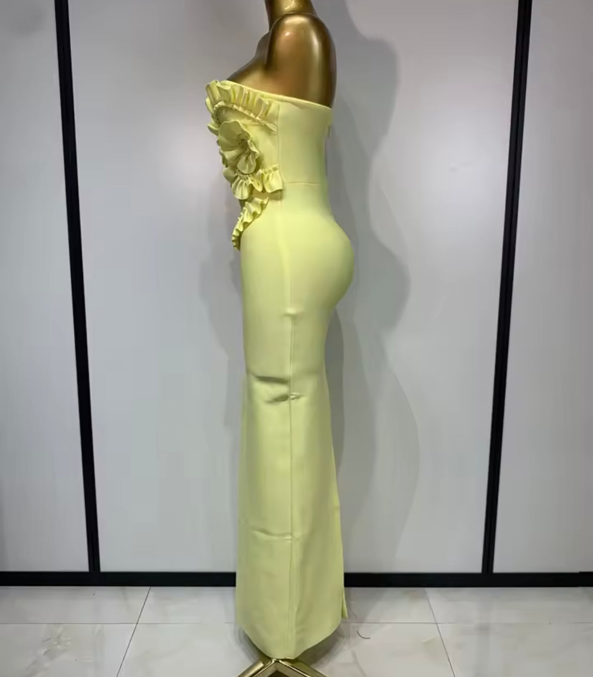 Yellow Ruffle Floral Strapless Sexy Maxi Dress