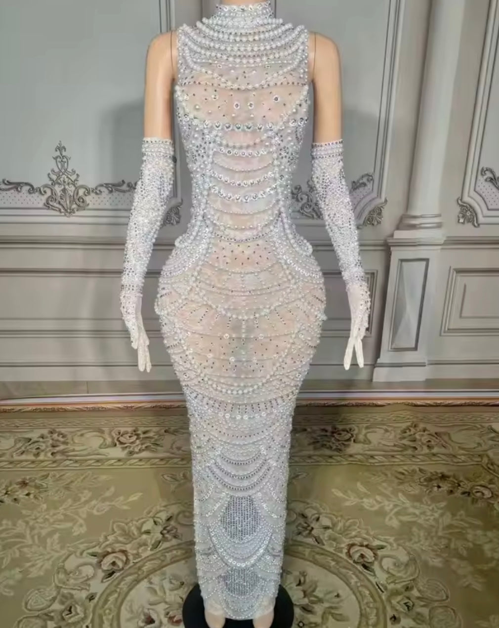 Sexy Beaded Rhinestone Glove See Through Maxi Dress