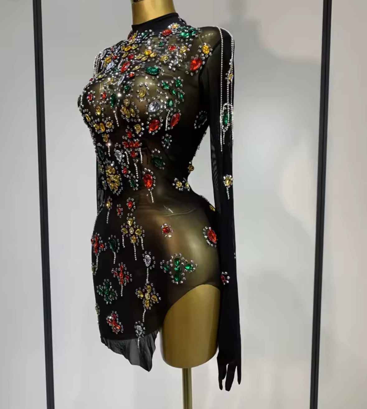 Sexy Black Crystal Rhinestone Chain Glove Full Sleeve Dress
