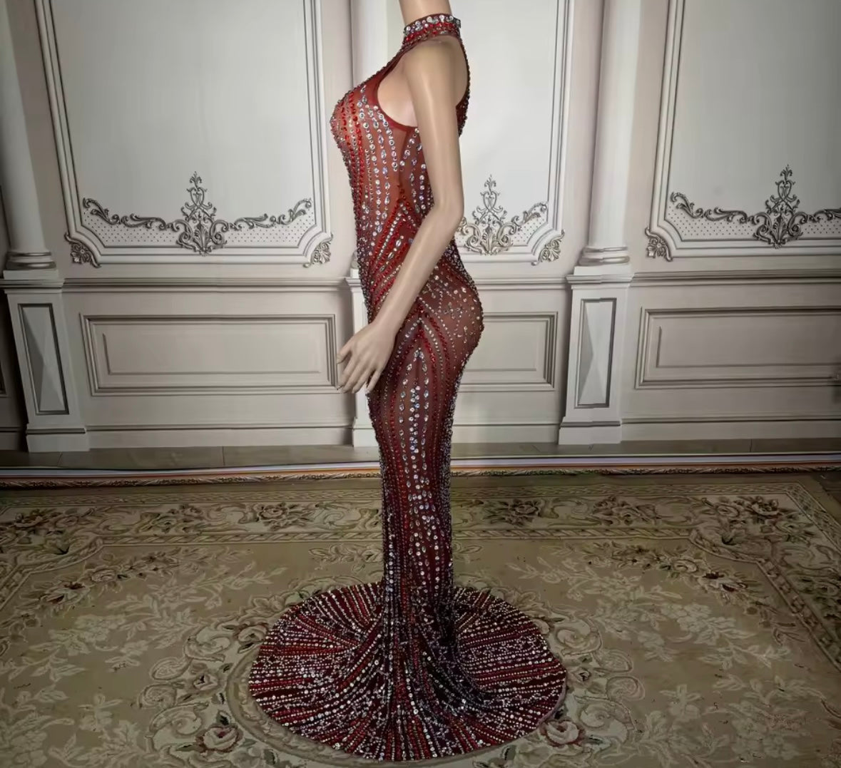 Sexy Sleeveless Red Rhinestone Embellishment Mermaid Dress