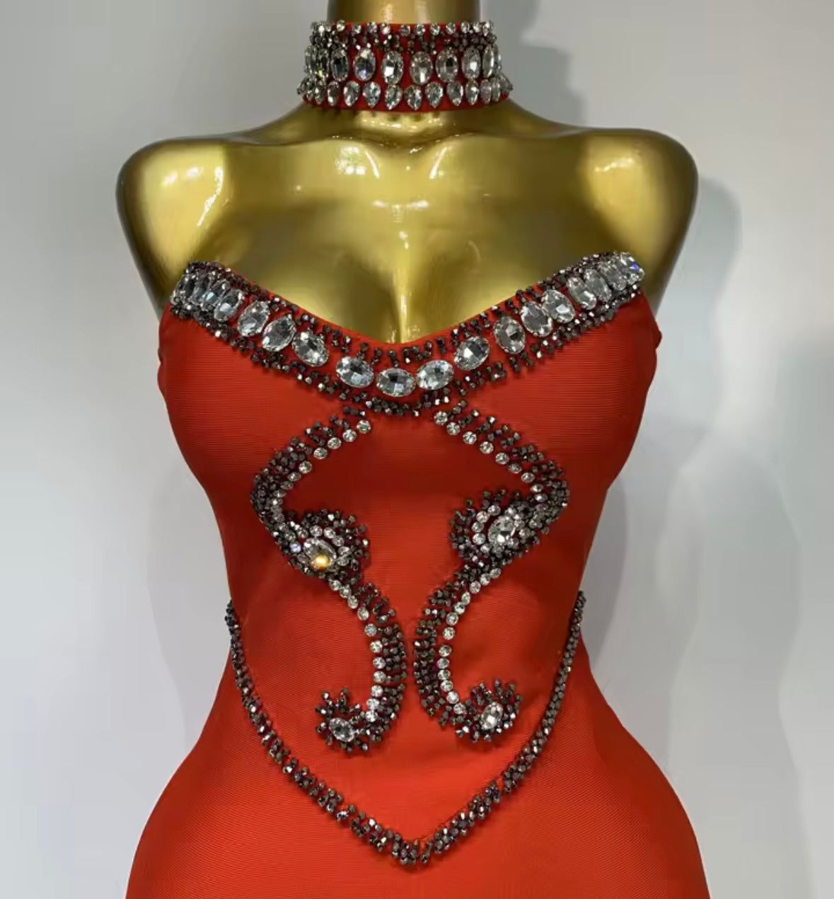 Beaded Rhinestone Choker Strapless Elegant Maxi Dress