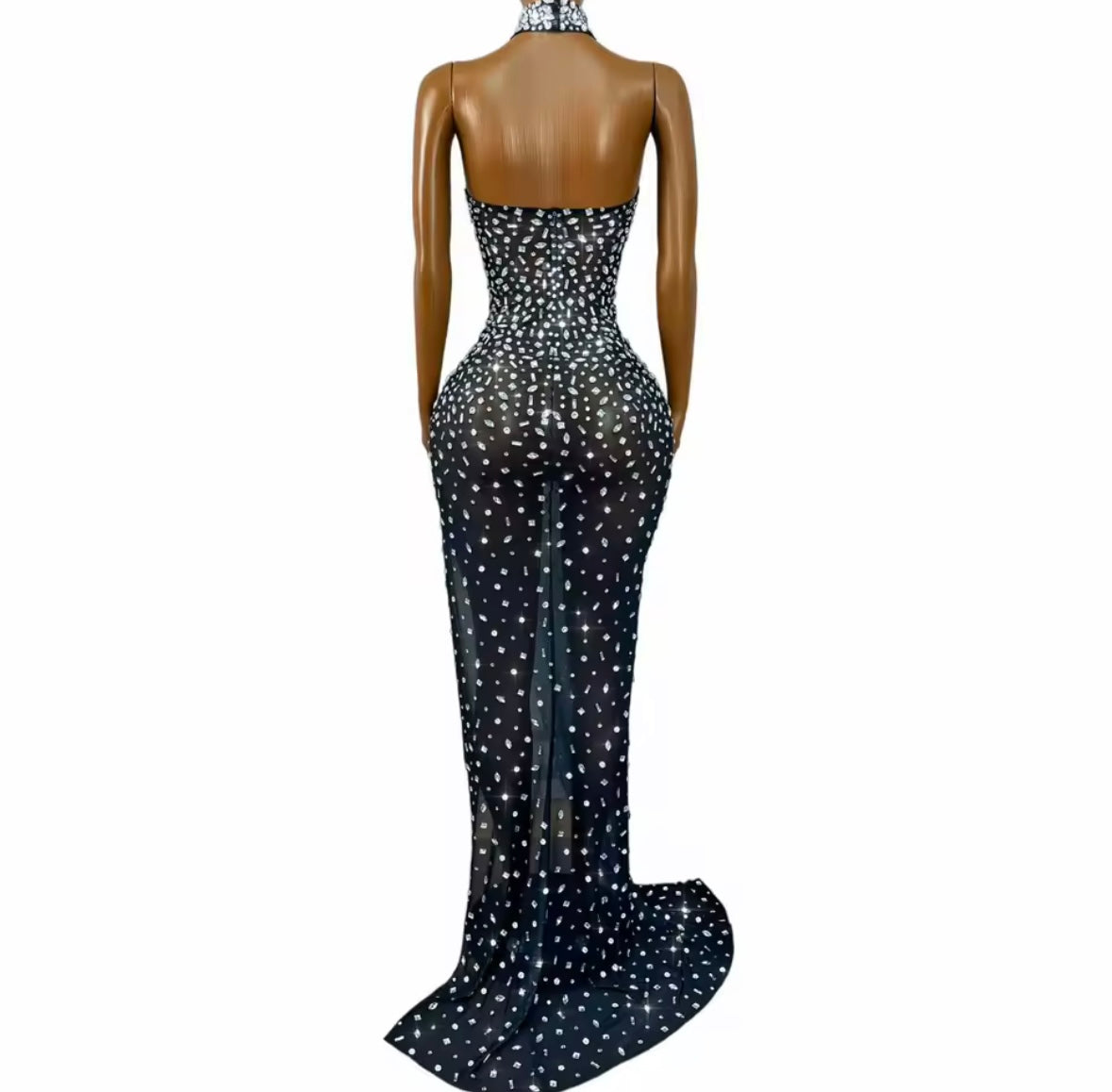 Sexy Choker Strapless Black Rhinestone Side Split Maxi Dress