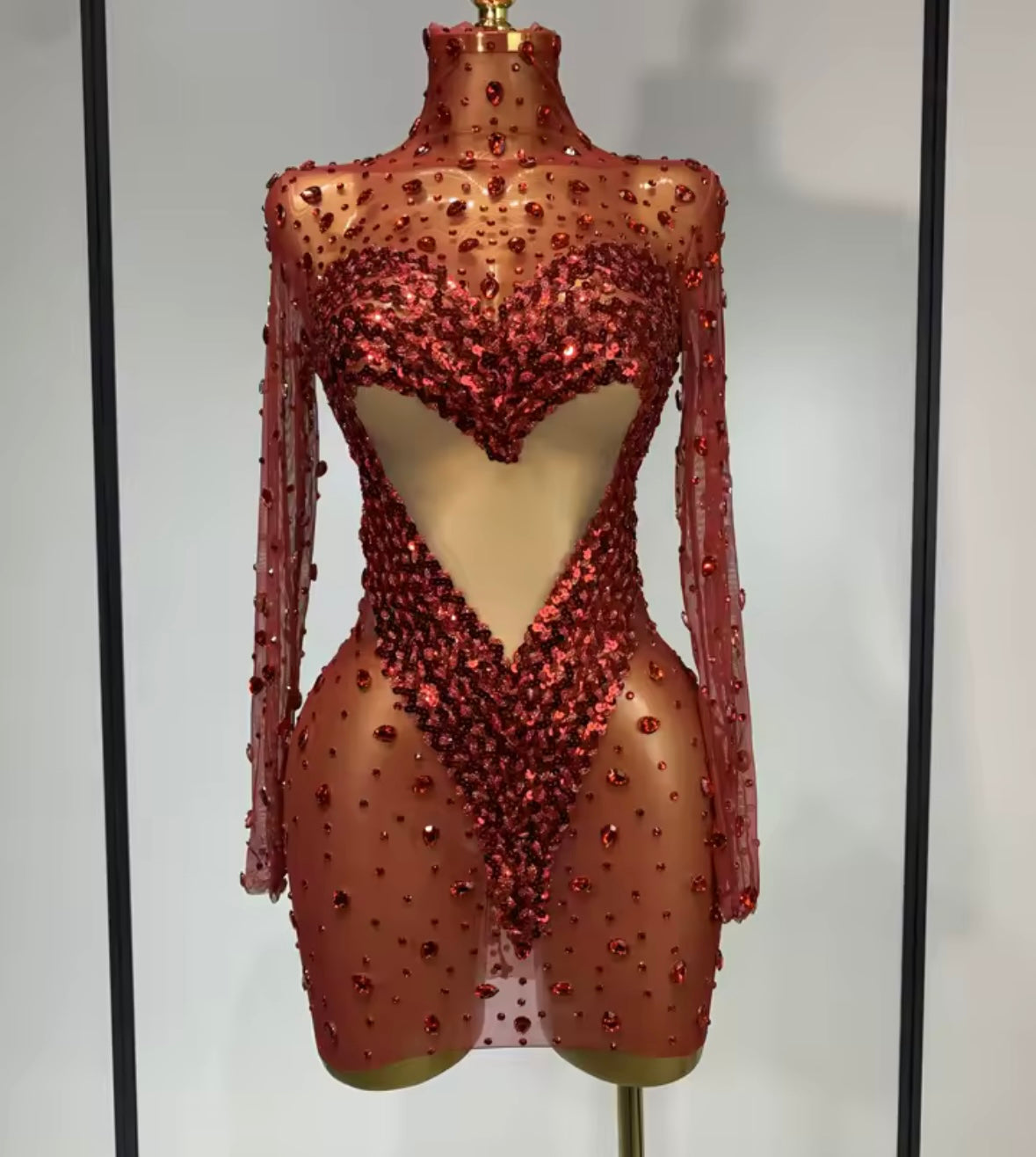 Sexy Sequins Rhinestone Heart Red Full Sleeve Dress