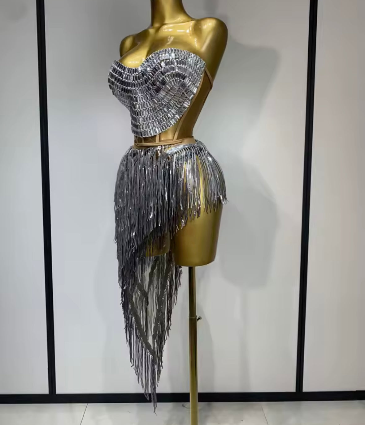 Silver Sexy Strapless Rhinestone Asymmetrical Tassel Two Piece Skirt Set