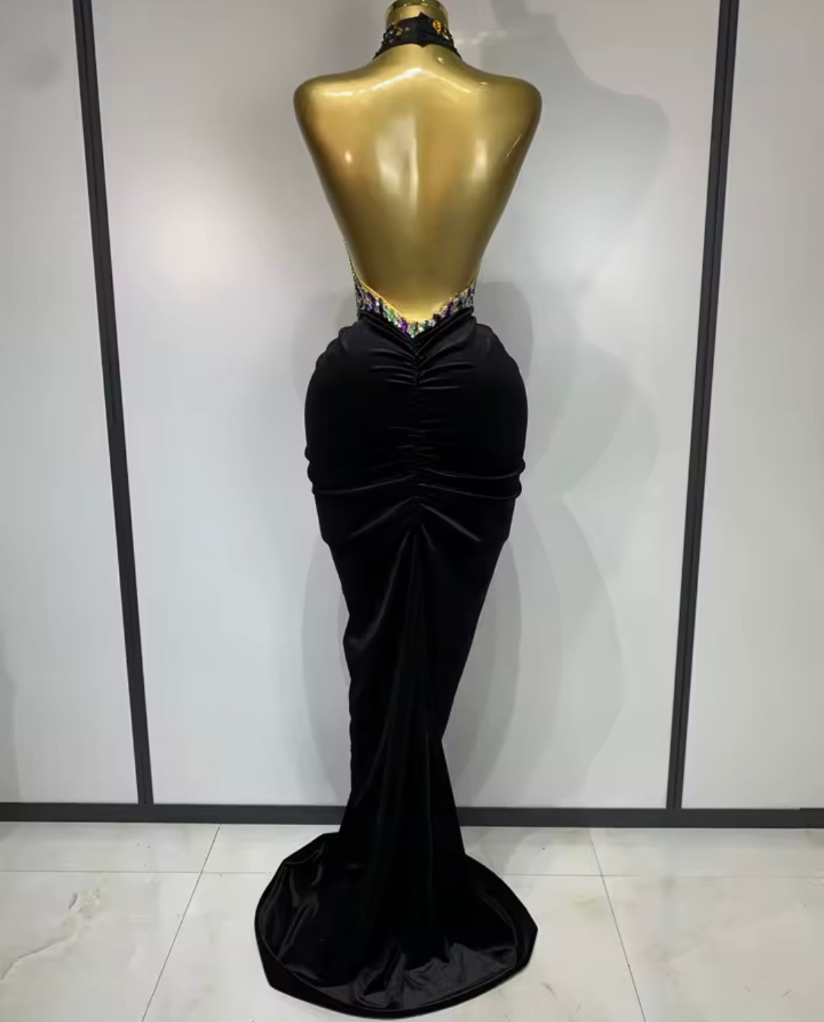 Sexy Halter Sleeveless Colorful Rhinestone Floor-Length Dress