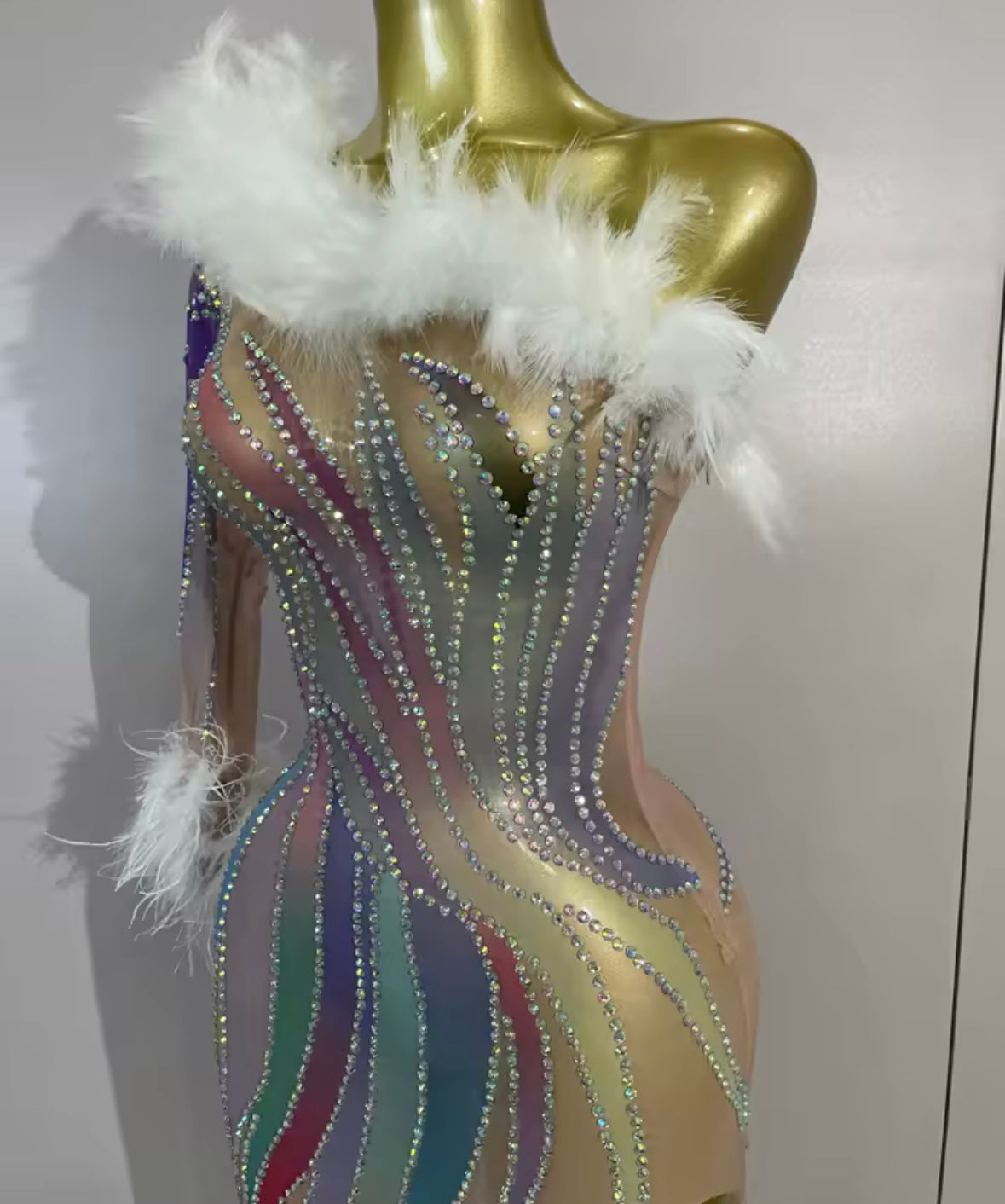 Sexy Feather One Shoulder Multicolored Rhinestone Dress